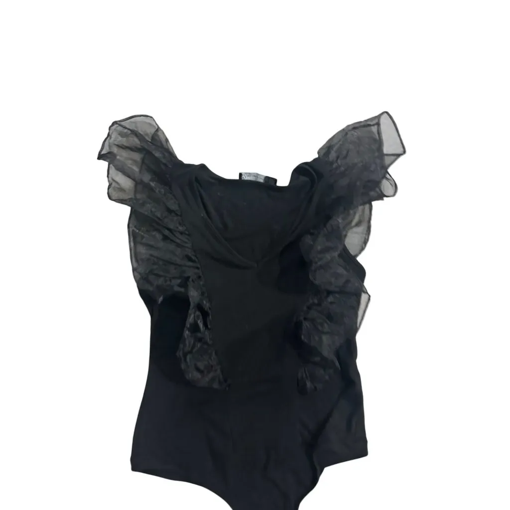 NY & CO Black Ruffle Shoulder Bodysuit Size Small - Image 5