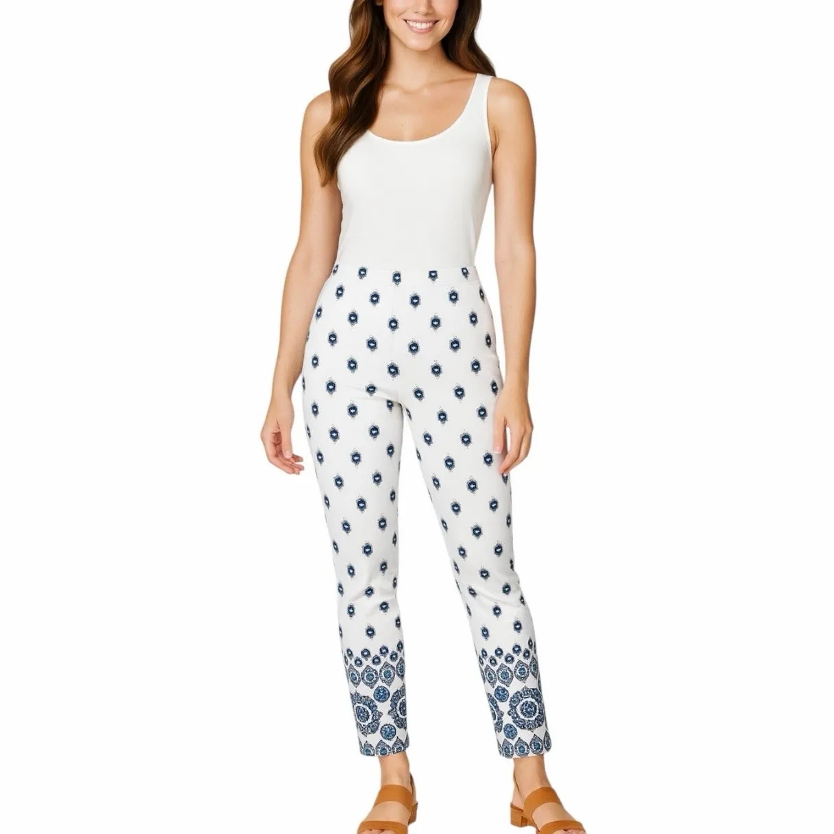 J. Jill Ankle Pants Pull On Essential Cotton Stretch White Blue Women's Size 12 - Image 9