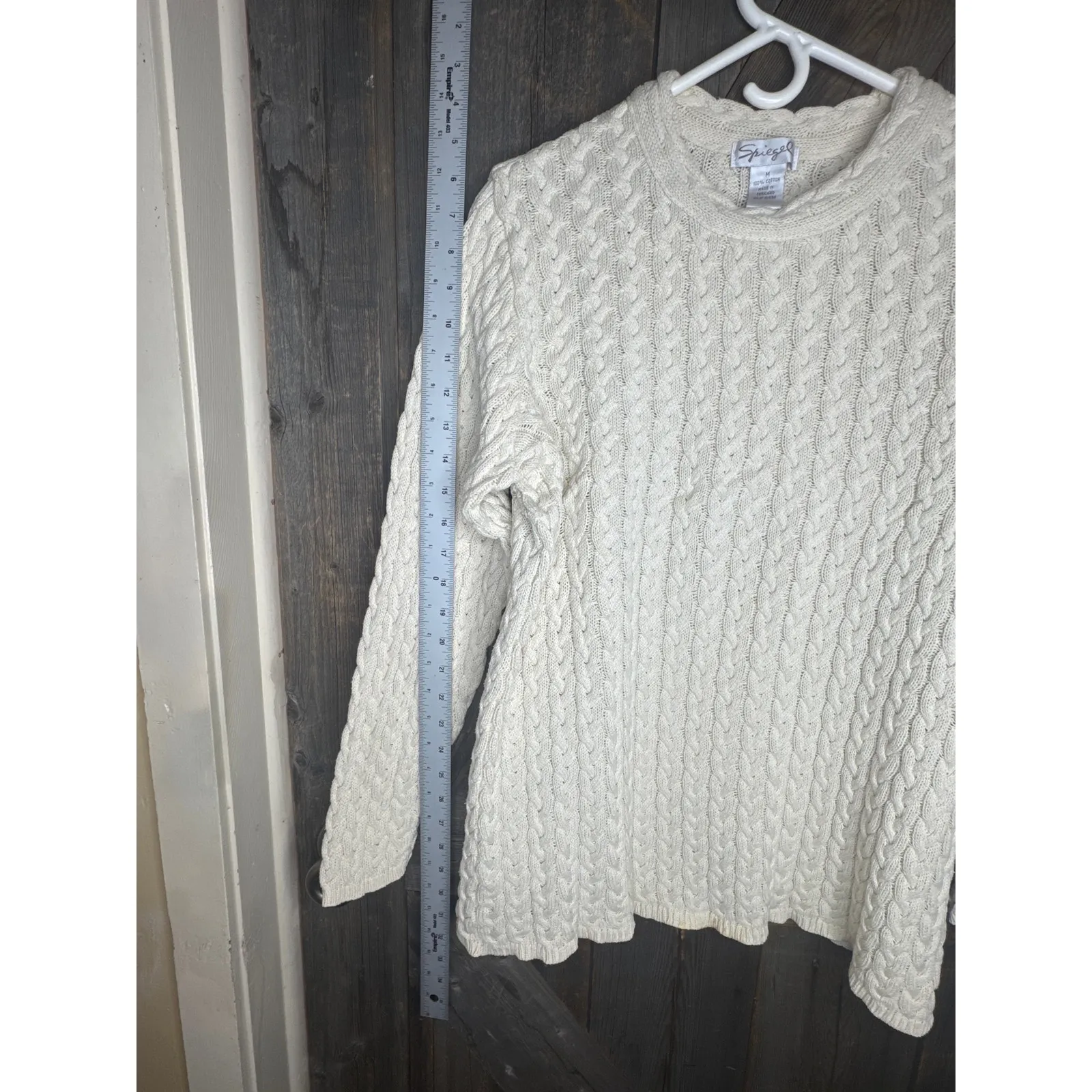 1980s Spiegel Cable Knit Sweater Adult Medium 100% Cotton Cream Classic Pullover - Image 4