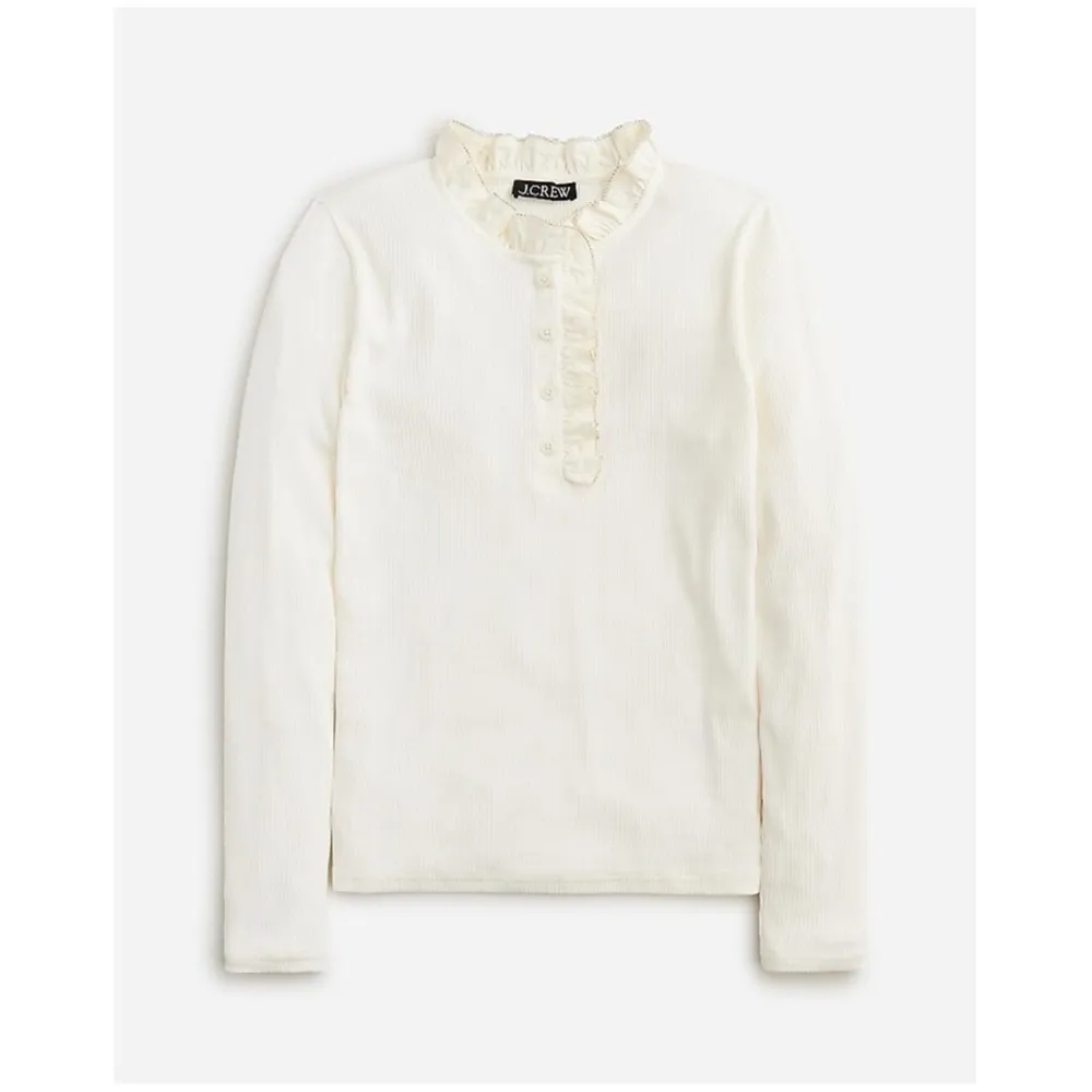 NEW J.Crew Vintage Rib Ruffle-Collar Henley T-shirt With Jewel Trim - Image 3