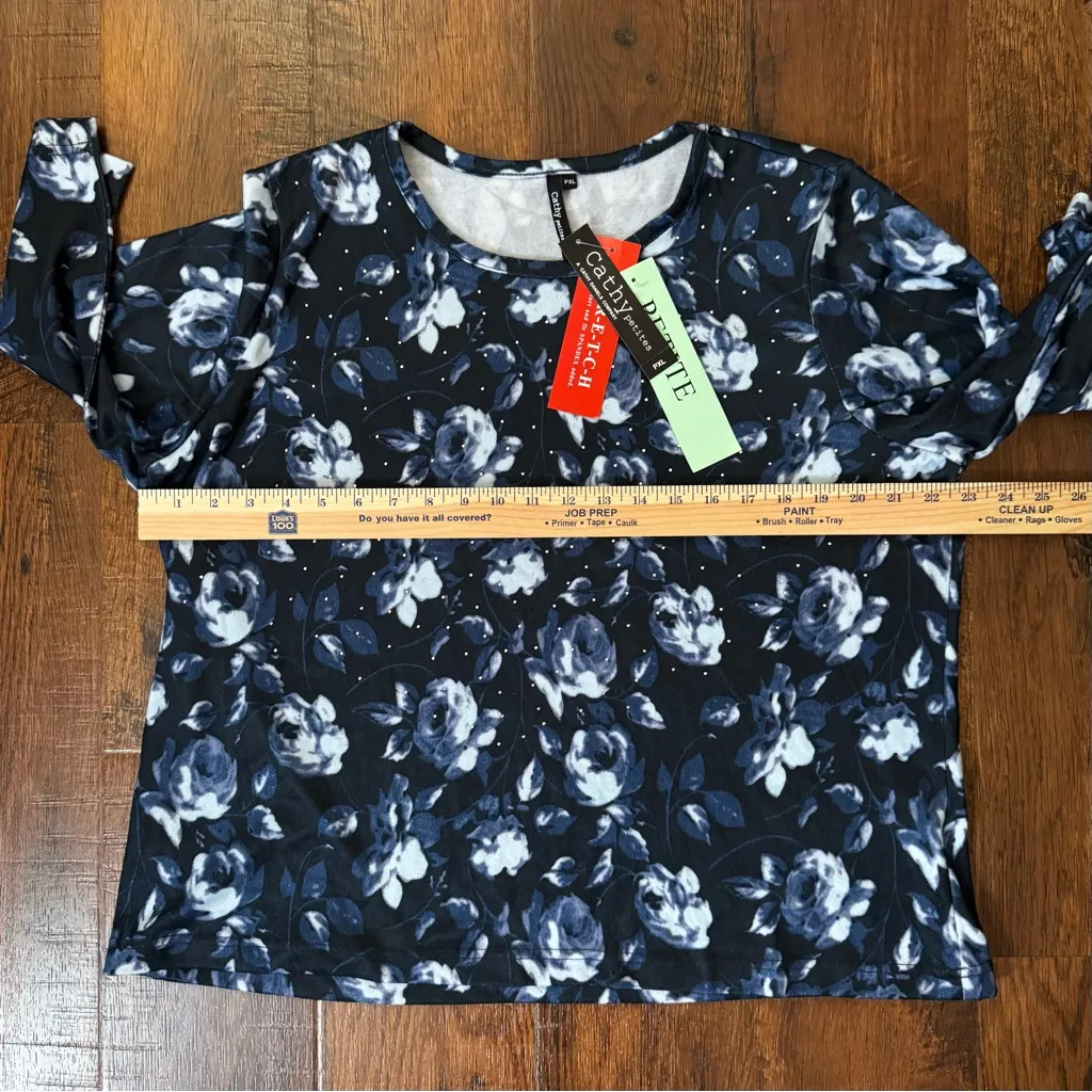 CATHY Petites blue floral three quarter length sleeve tip, size PXL, NWT - Image 5