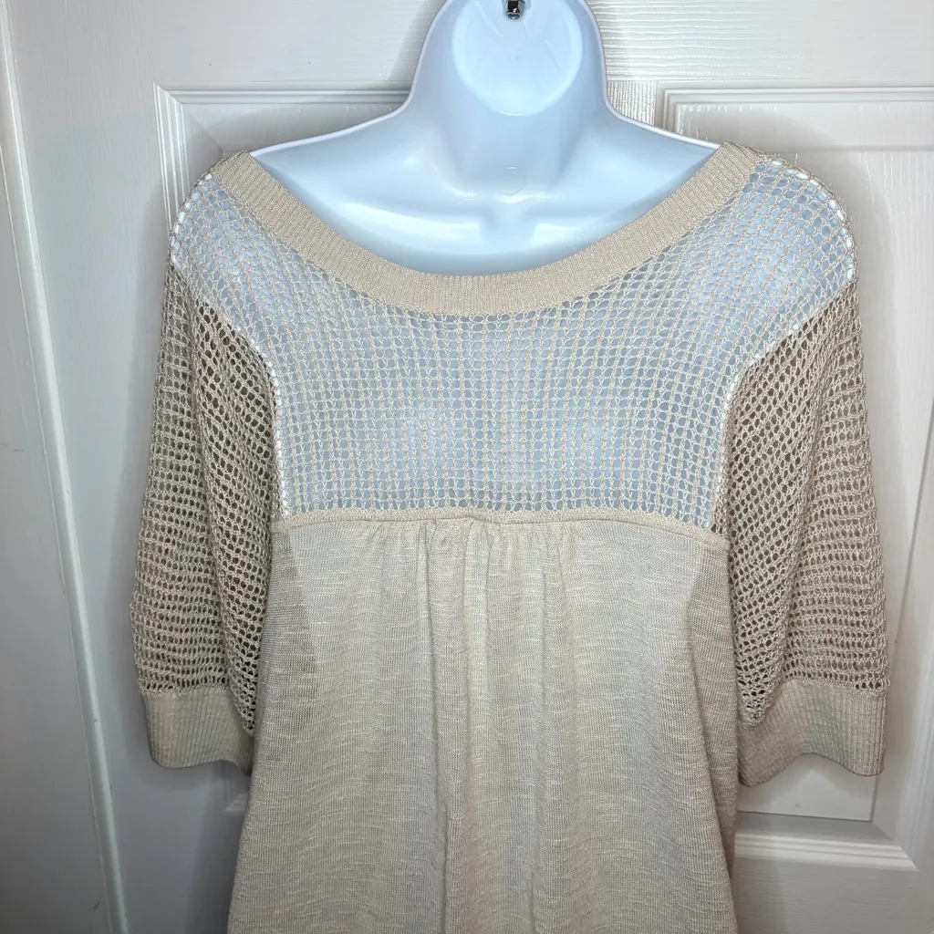 Club Monaco Beige See Through Open Knit Short Sleeve Sweater Linen Blend M - Image 4