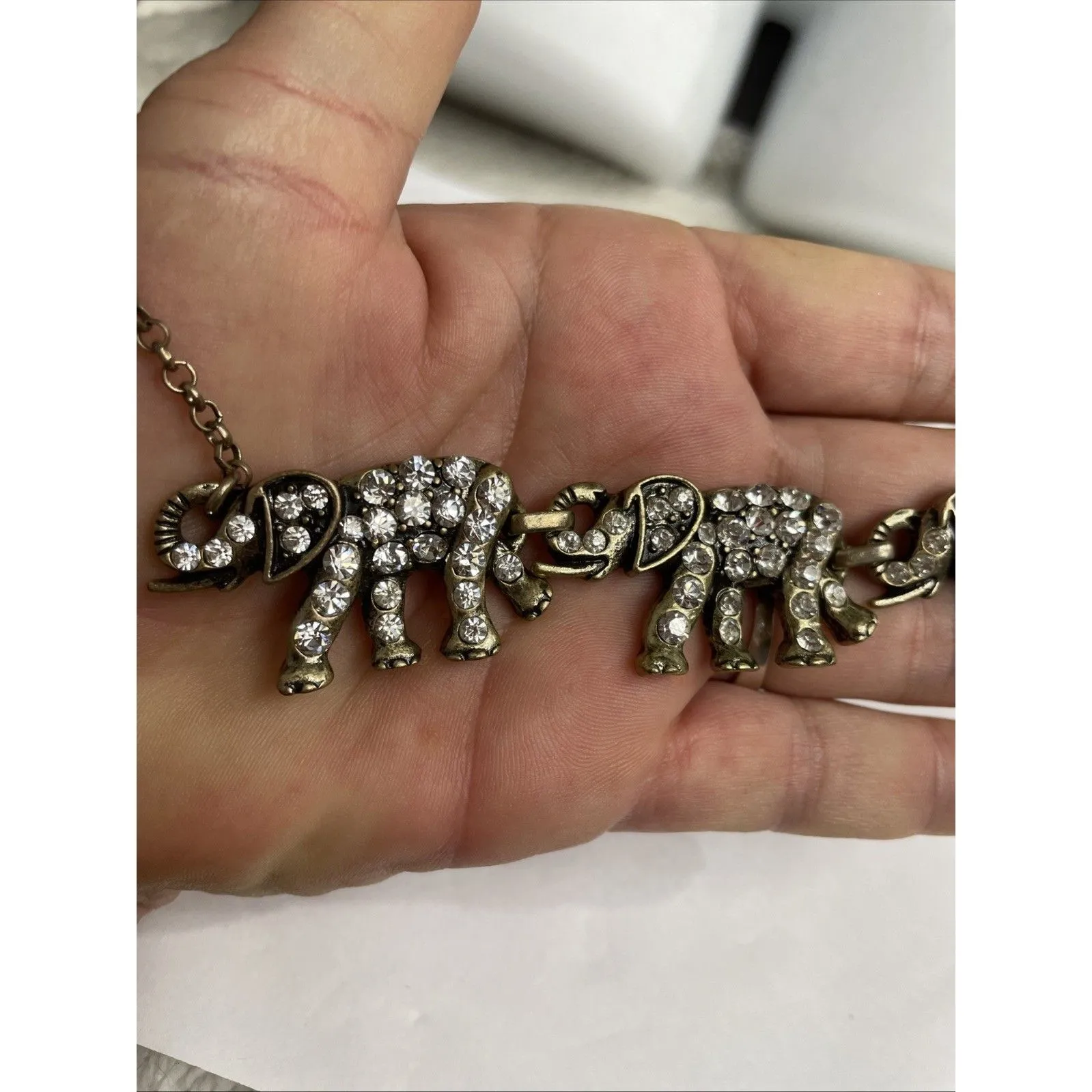 Vintage Three Linked Elephants Clear Rhinestone Necklace 16 - Image 2