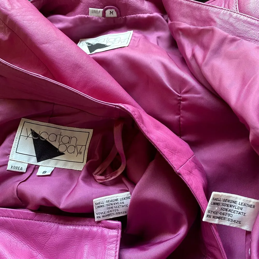 Vintage 80s Yucatan Bay Pink 2 Piece Leather Mini Skirt Jacket Matching Suit Set - Image 14
