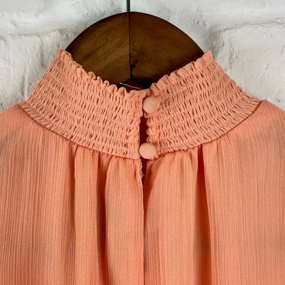 Express Peach Smocked Tiered Mock Neck Dress Ruffle Sleeveless Chiffon Small - Image 6