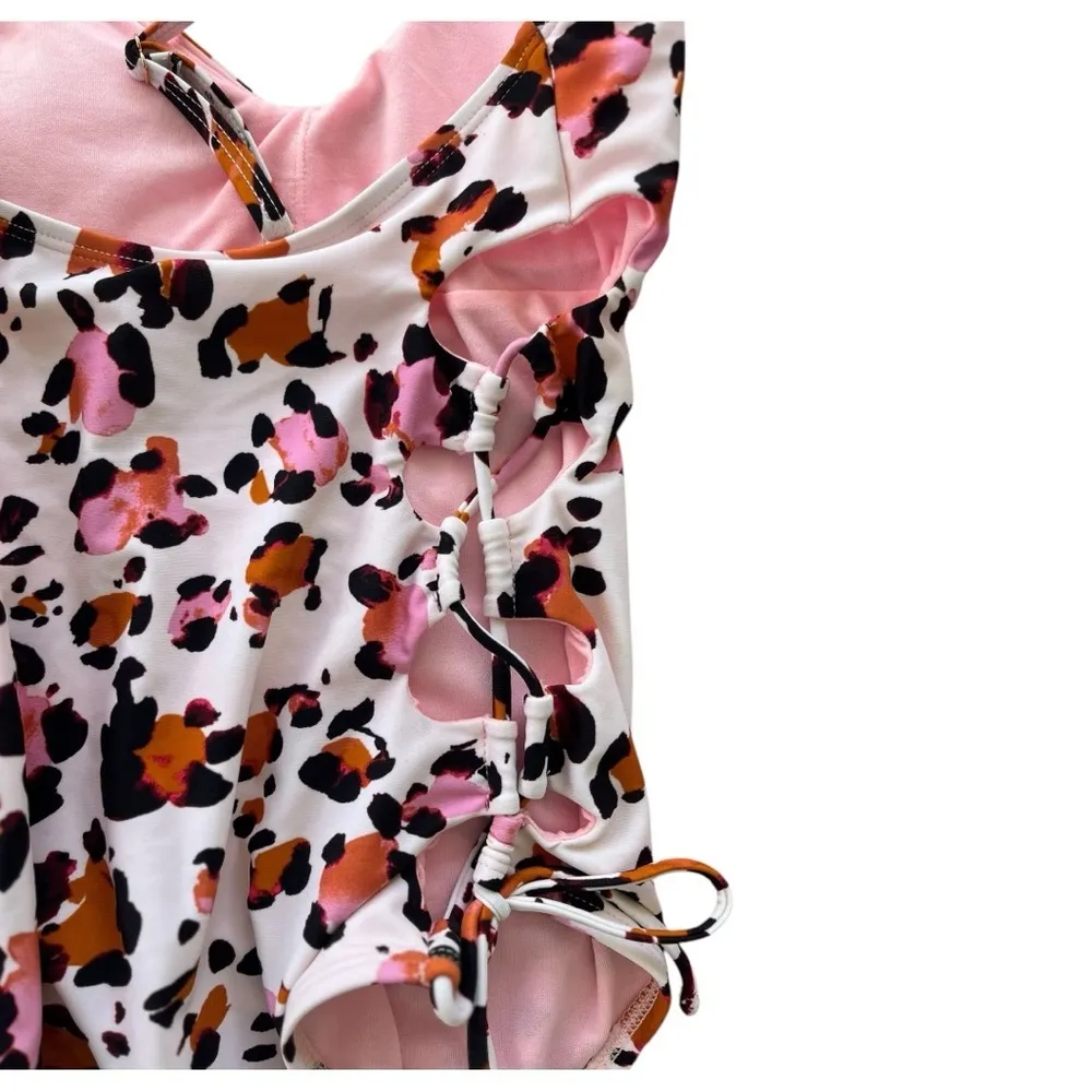 Hula Honey Lace Up One Piece Swimsuit Women’s Size Small Leopard Pink Black NWT - Image 3