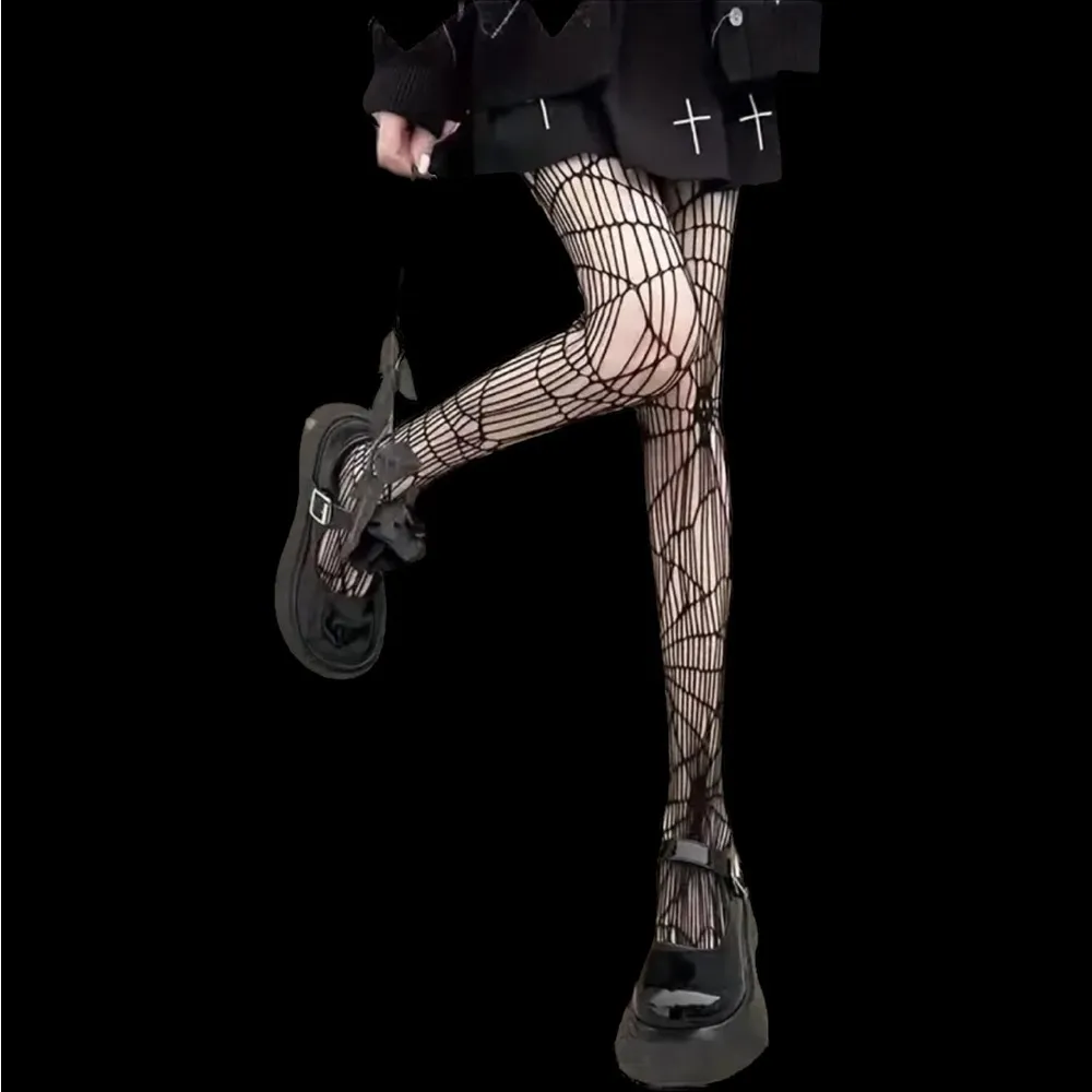 Black Gothic Skull Pattern Fishnet Tights Sexy Hollow Out Mesh Pantyhose OneSize - Image 2