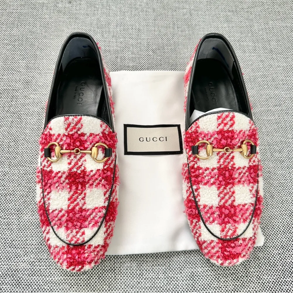 NEW Gucci Princetown Tweed Horsebit Loafers EU 36 US 6 Red and Pink Check - Image 7