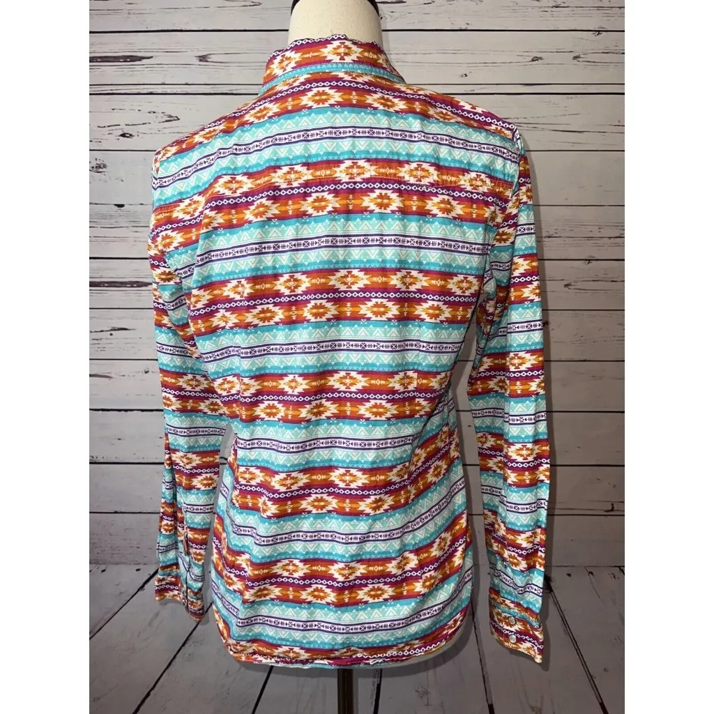 Panhandle Western Top Womens Medium Aztec Southwest Pearl Snap Cowgirl Rodeo Orange - Image 5