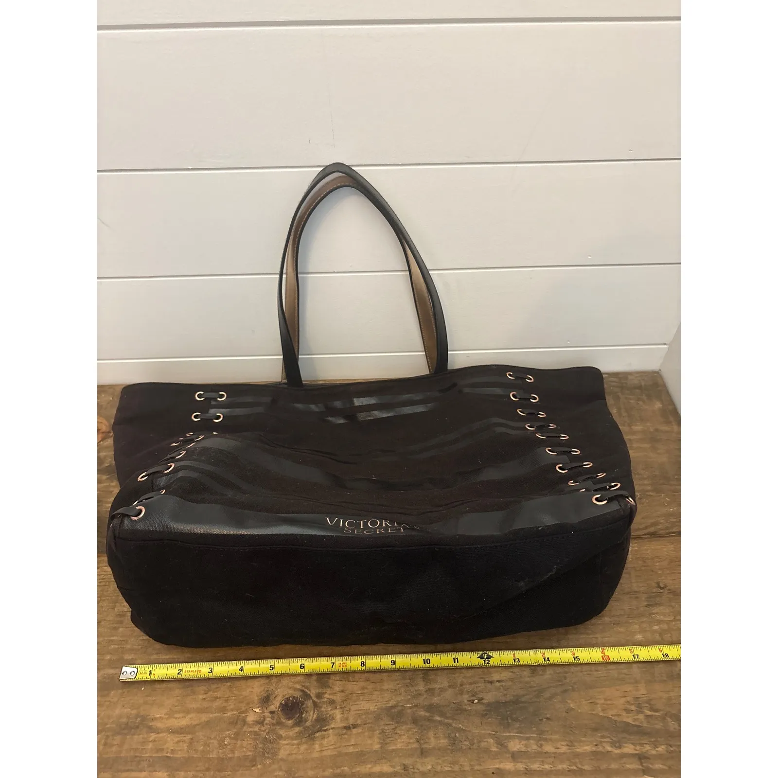 Victoria's Secret Black Striped Canvas Tote Bag Lace Up Gold Grommets Large - Image 7