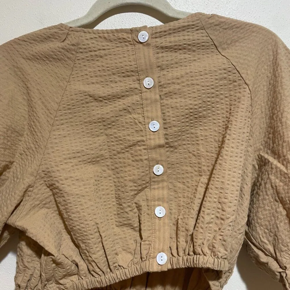 NEW Madewell Size M Seersucker Puff Sleeve Cutout Mini Dress Tan Button Back - Image 12