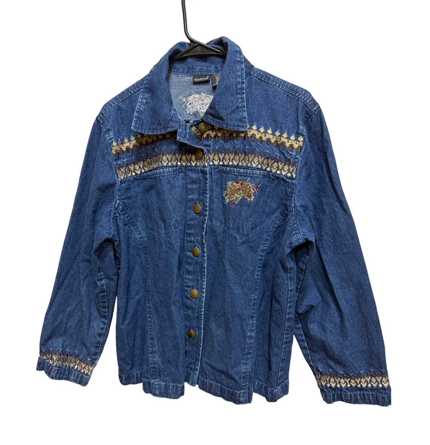 North Crest Womens Denim Jacket Blue Embroidered Pinecone Red Berries XL - Image 1