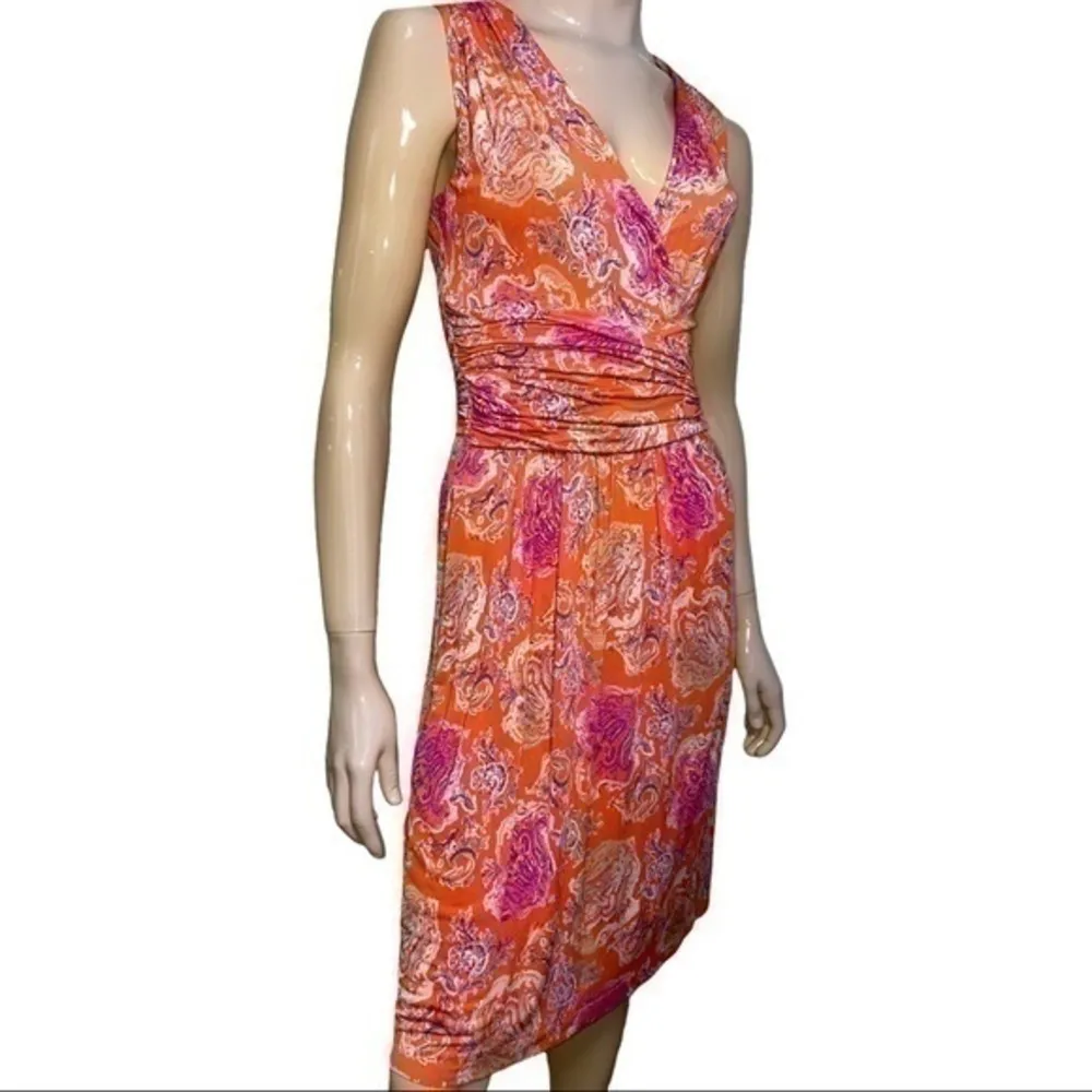 Etro Women’s Size 40 4 Orange Pink Paisley Surplice Cinched Waist Flowy Dress - Image 4