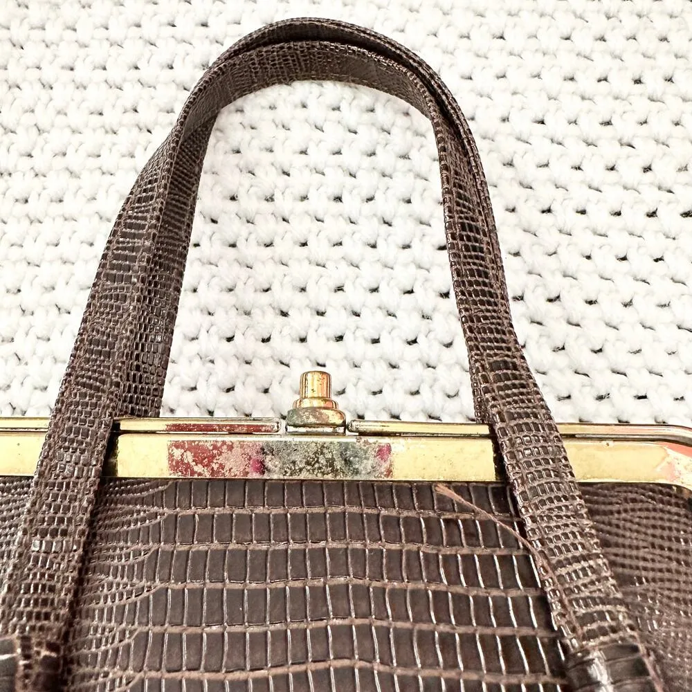 After Five Brown Reptile Textured Leather Framed Small Evening Bag Vintage - Image 3