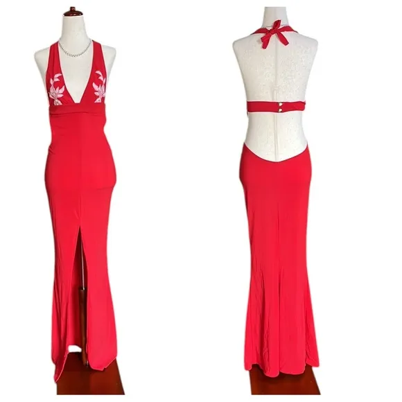 Vintage Maxi Bodycon Dress with Plunging Cutout Back and High Slit Red Size 4 - Image 2