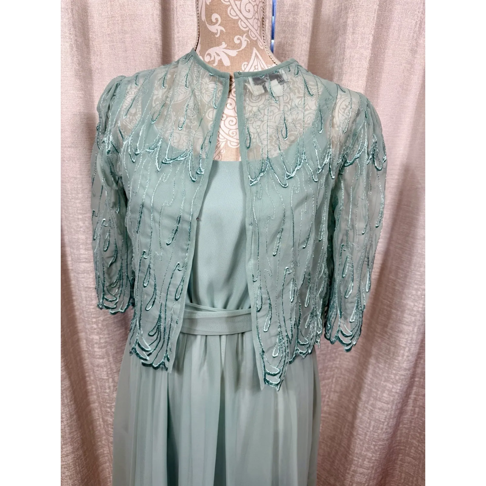 Jack Bryan Seafoam Chiffon Maxi Dress w/ Beaded Sheer Jacket – Size 10 Green - Image 6