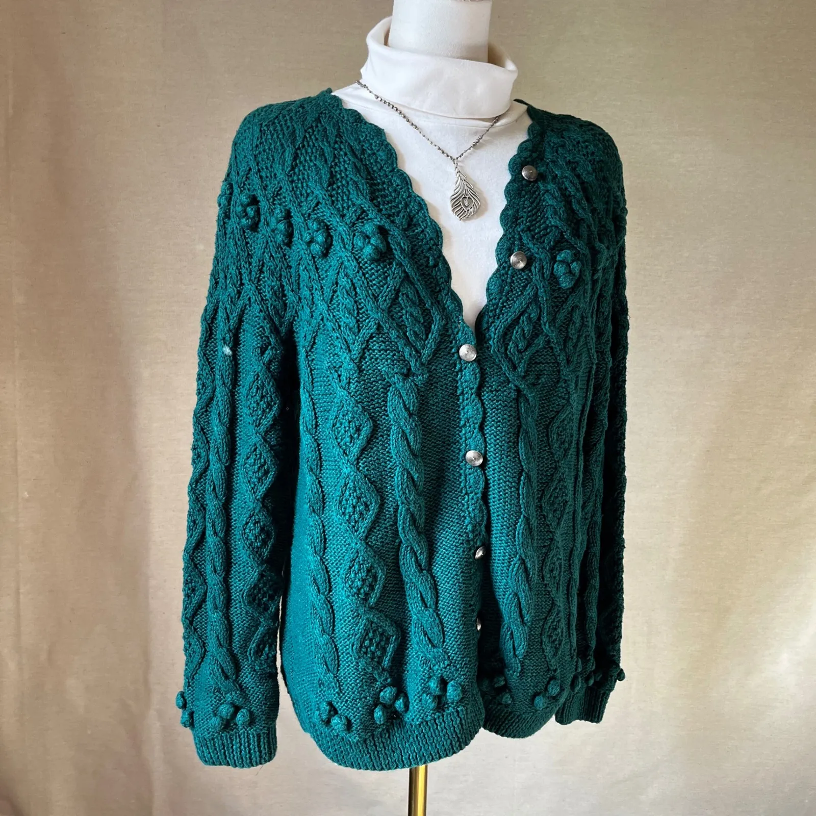 Vintage Northern‎ Isles Hand Knit Teal Bobble Cardigan Sweater Cotton Blend M Green Size M - Image 9