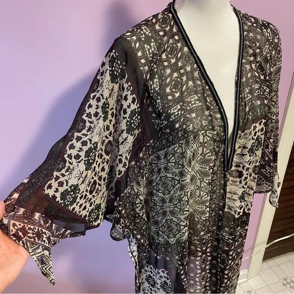 Boho Whimsigoth Cardigan Swim Cover Sheer Open Front Longline Kimono Shawl Wrap - Image 2