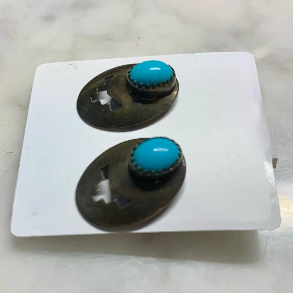 Navajo Sleeping Beauty Turquoise Sterling Silver Cut Out Earrings VTG - Image 3