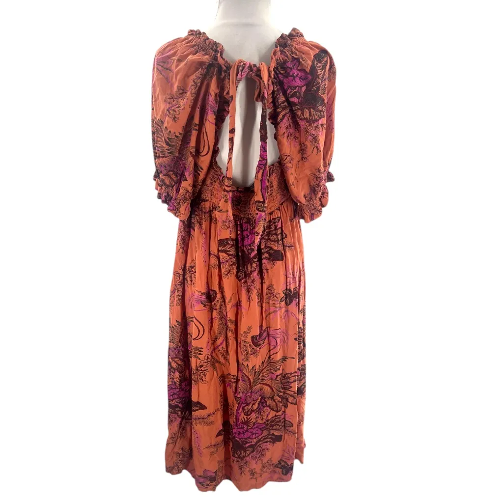 Anthropologie Smocked Bodice Puff Sleeve Clay Bird Print Midi Dress Size Large - Image 5