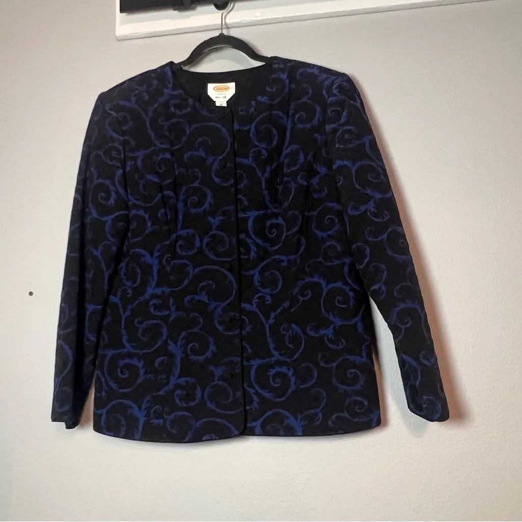 Talbots Quilted Blazer Jacket Button Up Blue Black Silk Swirl Size 14 Flaw - Image 2