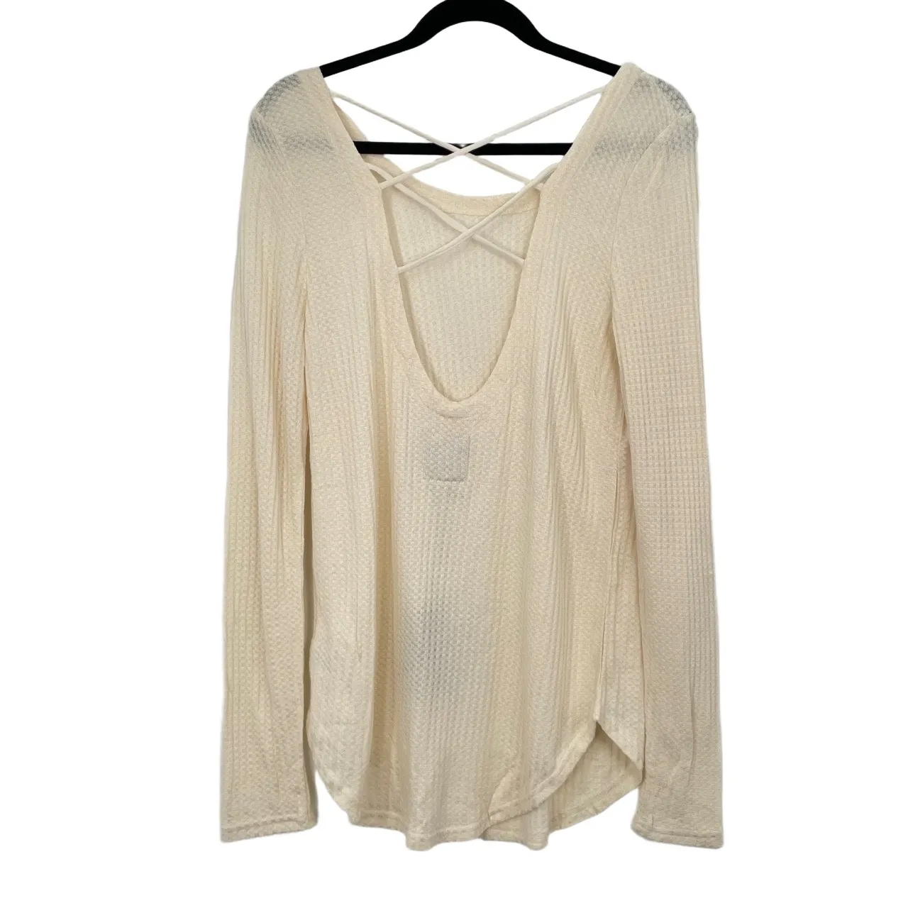 CHASER Women's Cream Waffle Knit‎ Criss Cross Back Long Sleeve Top Size Large - Image 2