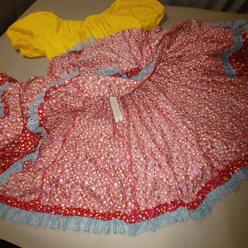 Dress Size ML Square Dance Country Farm Yellow Red Floral Skirt Blue Lace Trim - Image 10