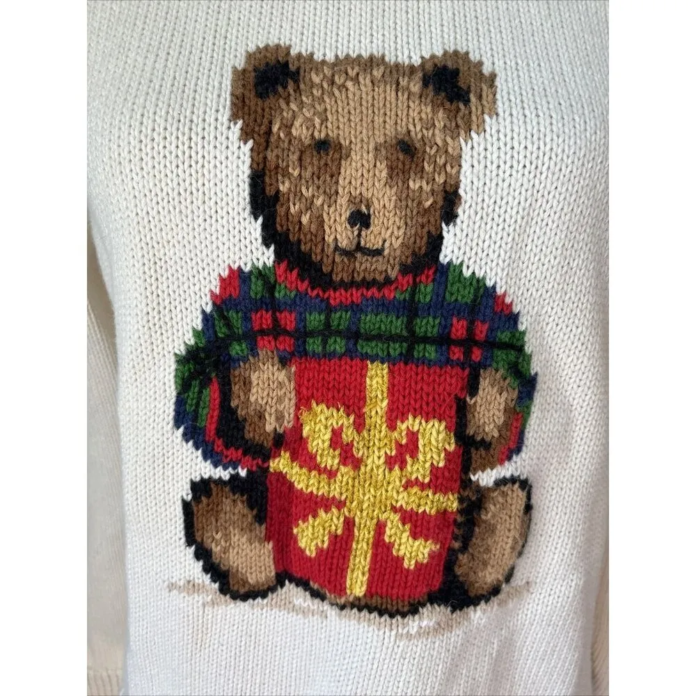 Liz Claiborne Vtg  Teddy Bear Christmas Gift Turtleneck Sweater Ivory L Holiday - Image 2