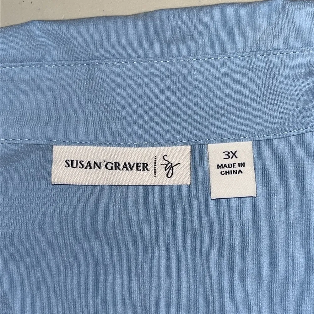 Susan Graver Size 3X Blue Ruched Yoke Button Down Tunic Shirt Top w/ Pockets - Image 4