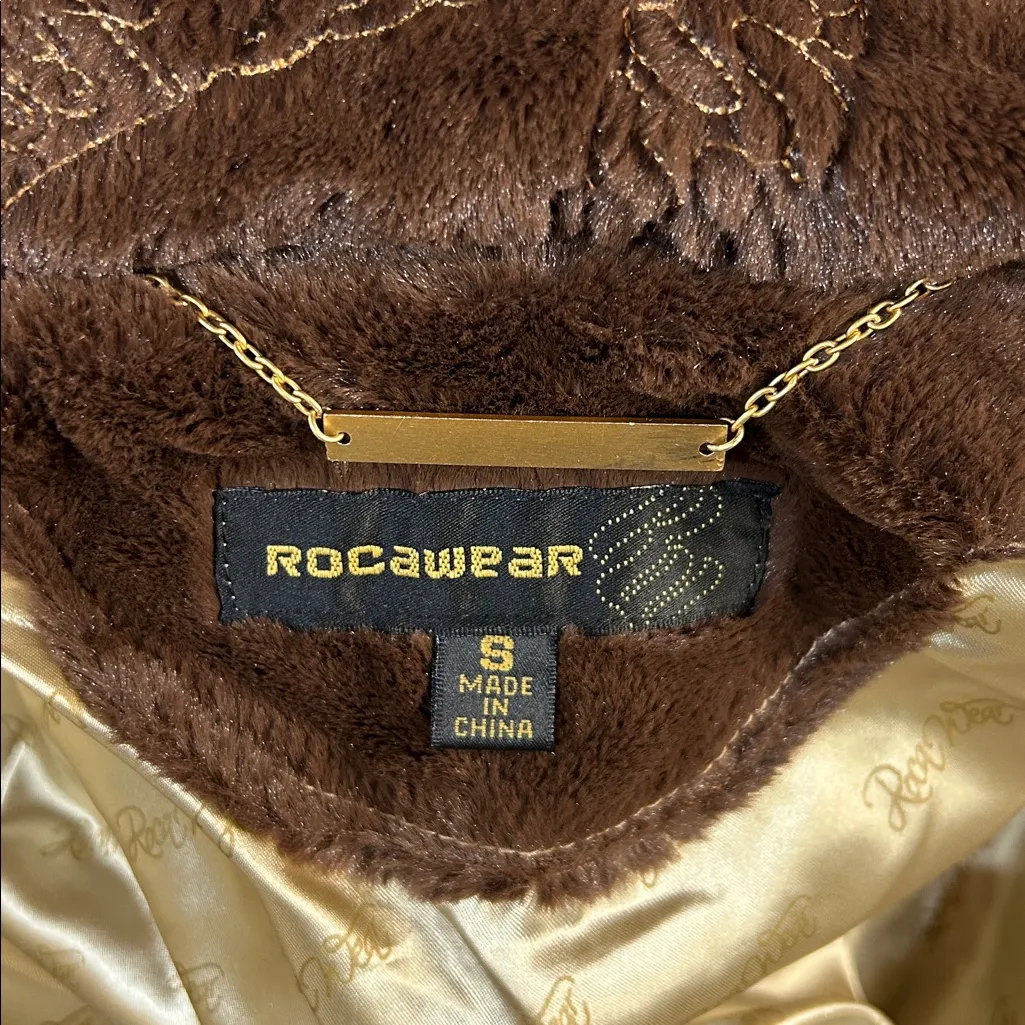 Rocawear Y2K Brown Puffer Jacket Down Fill Fur Hood 2000s Streetwear Size Small - Image 8