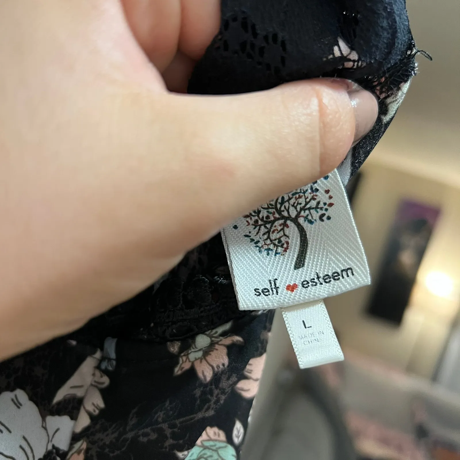 Self Esteem Blouse Black Floral Lace Pom Pom Crew Neck Sleeveless Top Hi-Back L - Image 6