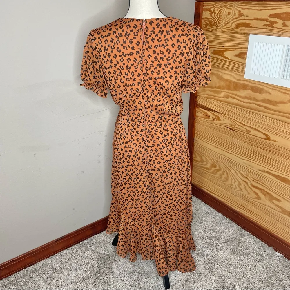 Burnt Orange Copper Leopard Print Ruffle Hem V-Neck Wrap Midi Dress 7 - Image 3