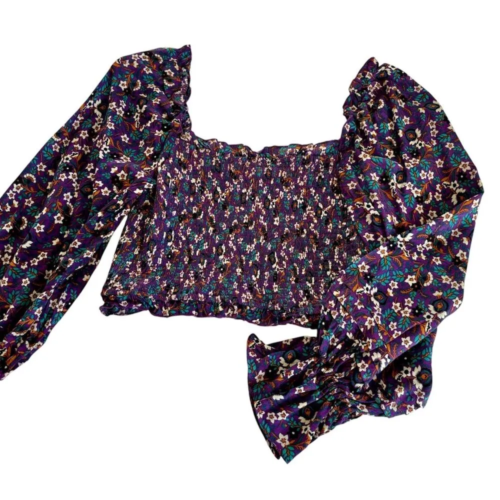 Band of the Free Agathe Purple Boho Floral Print Smocked Long Sleeve Top Medium - Image 2
