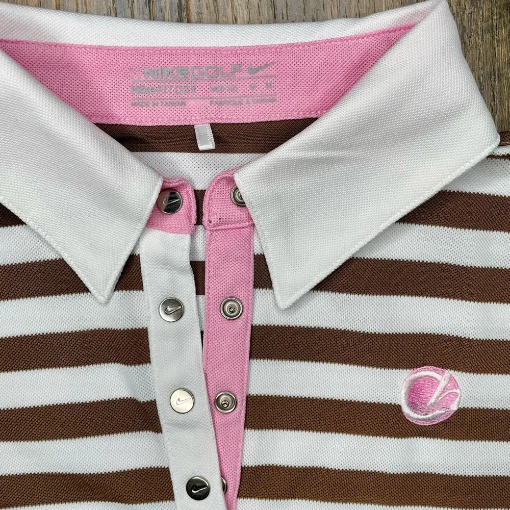 Nike Golf Women's Fit Dry Striped Polo Shirt w/ Brown/White/Pink - Medium - Image 2