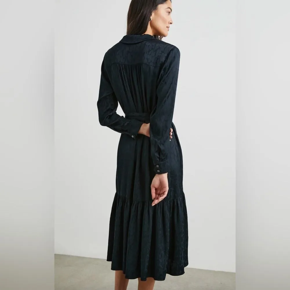 Rails Beatrice Onyx Leopard Button Up Long Sleeve Tiered Satin Shirt Dress Large - Image 3