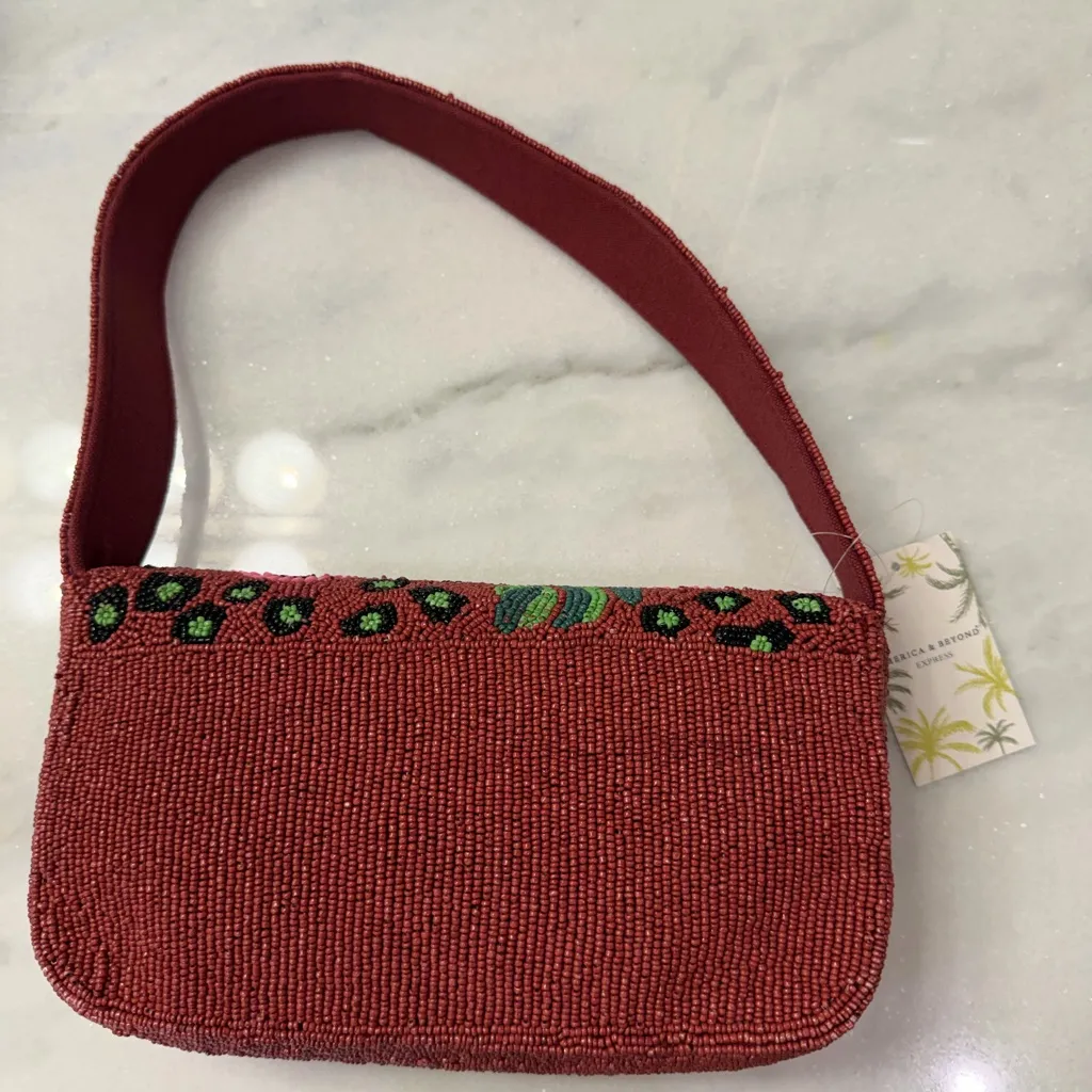 America & Beyond Express Red beaded floral shoulder bag with green and yellow Dt - Image 4