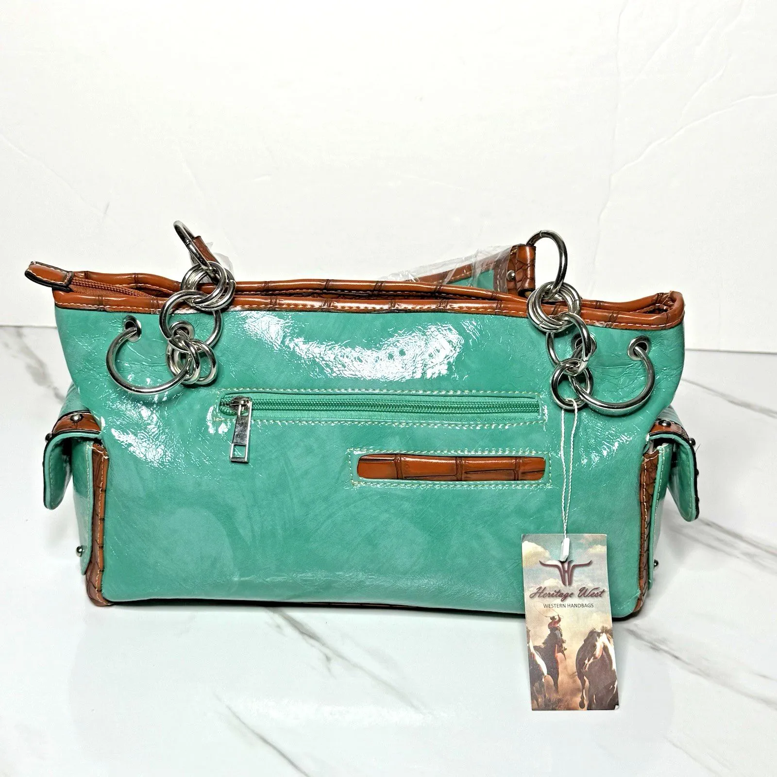 Western Turquoise Rhinestone Cross Handbag Tooled Brown Faux Leather Chain Strap Green - Image 7