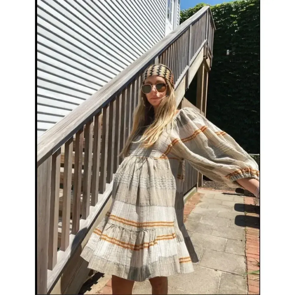 Free People Cotton Blend open tie back mini dress balloon sleeve Boho Western M - Image 2