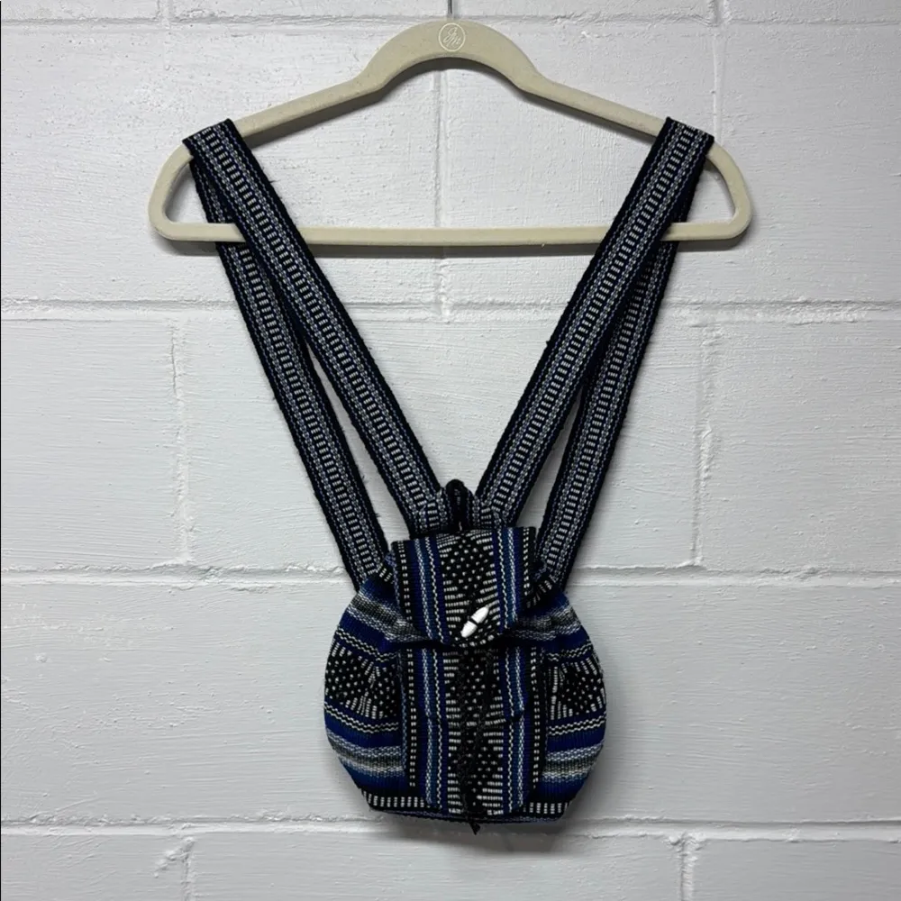 Pinzon Blue Black Woven Boho Artesonias Mexico Aztec Drawstring Mini Backpack - Image 2