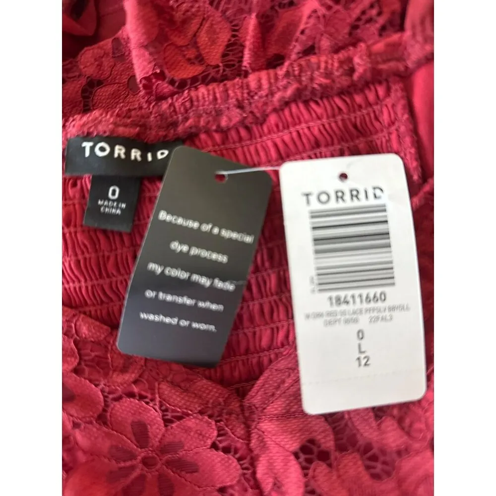 Torrid Babydoll Red Lace Puff Sleeve Top Size 0 / 12 / Large Stretch Peplum NWT - Image 4