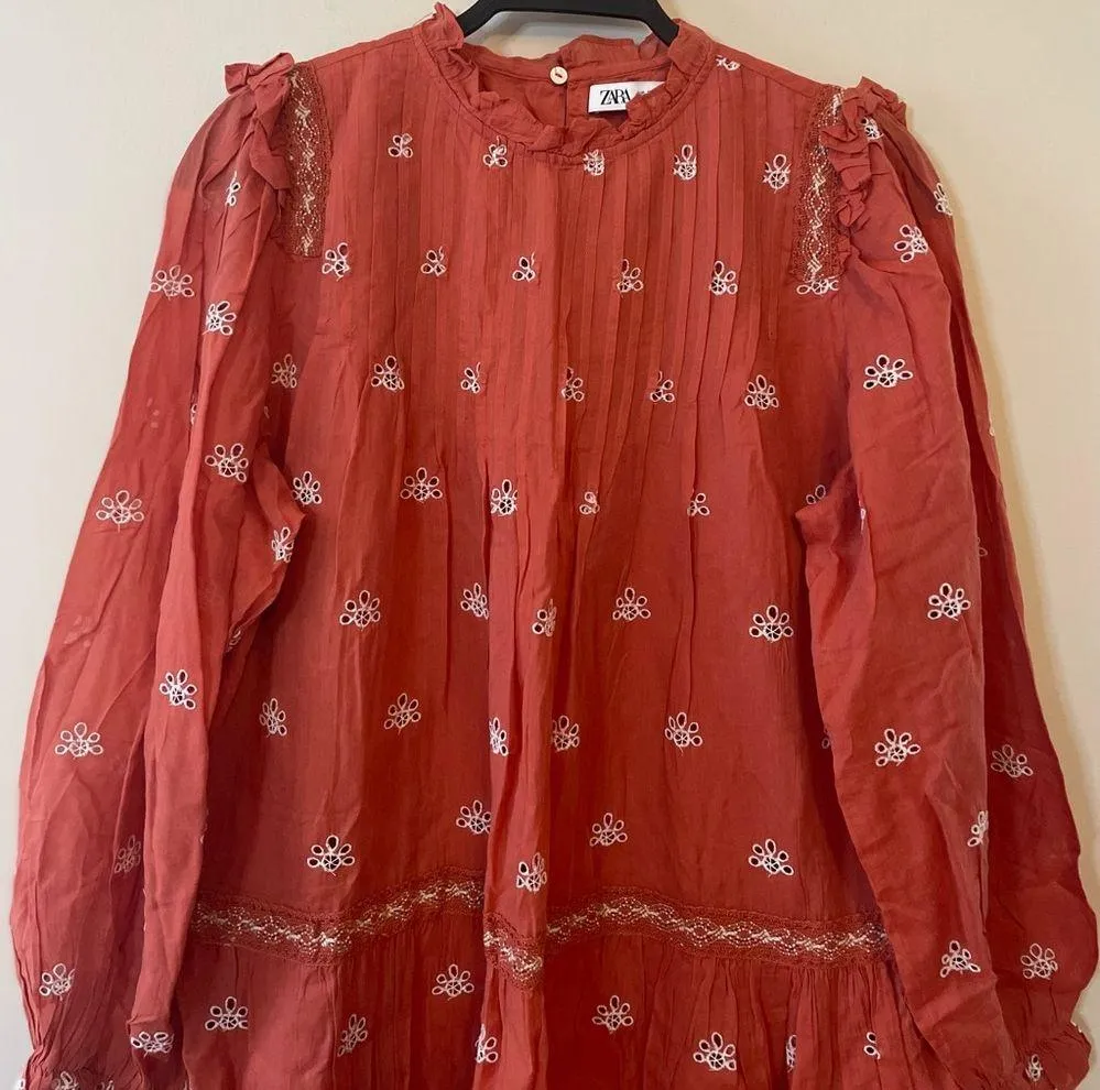 ZARA Ruffled Eyelet Embroidered Boho Long Sleeve Mini Dress in Coral Size S - Image 6