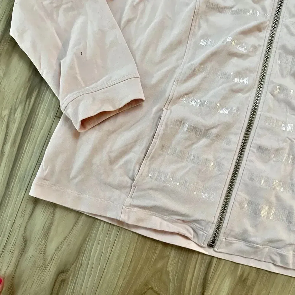 ZENERGY BY CHICO’S | Blush Pink Clear Sequin Zip Up Track Jacket | Size 2 Large - Image 3