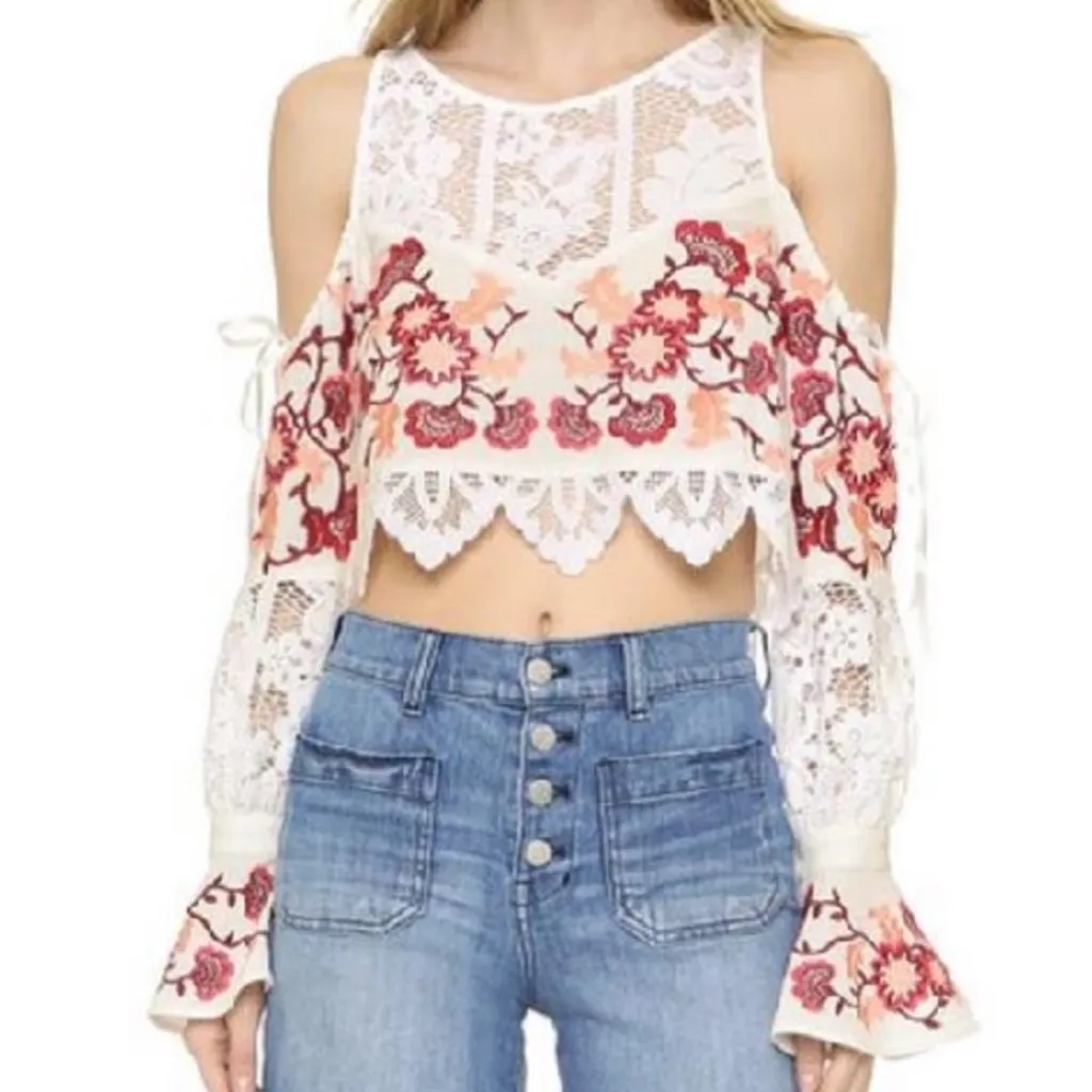 For Love & Lemons Cecilia Crop Crochet Lace Floral Embroidered Top Medium - Image 3