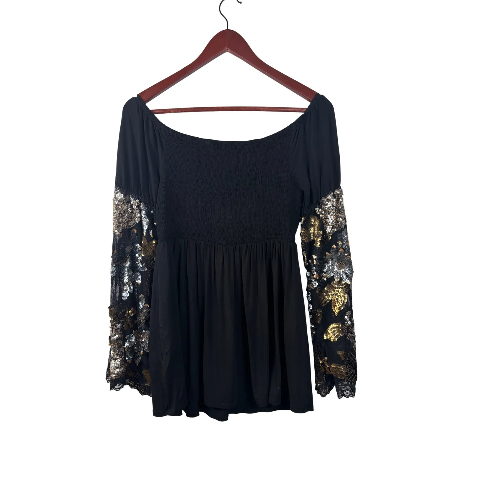 Boston Proper Small Black Off Shoulder Smocked Bell Sleeve Sequin Top - Image 3