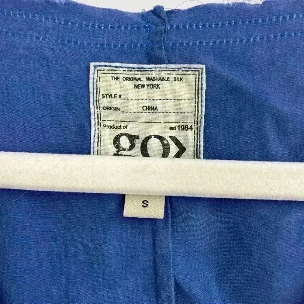 Go > By Go Silk Blue Silk Top W/ Linen Sleeves‎ And Raw Hem. Size Small - Image 15