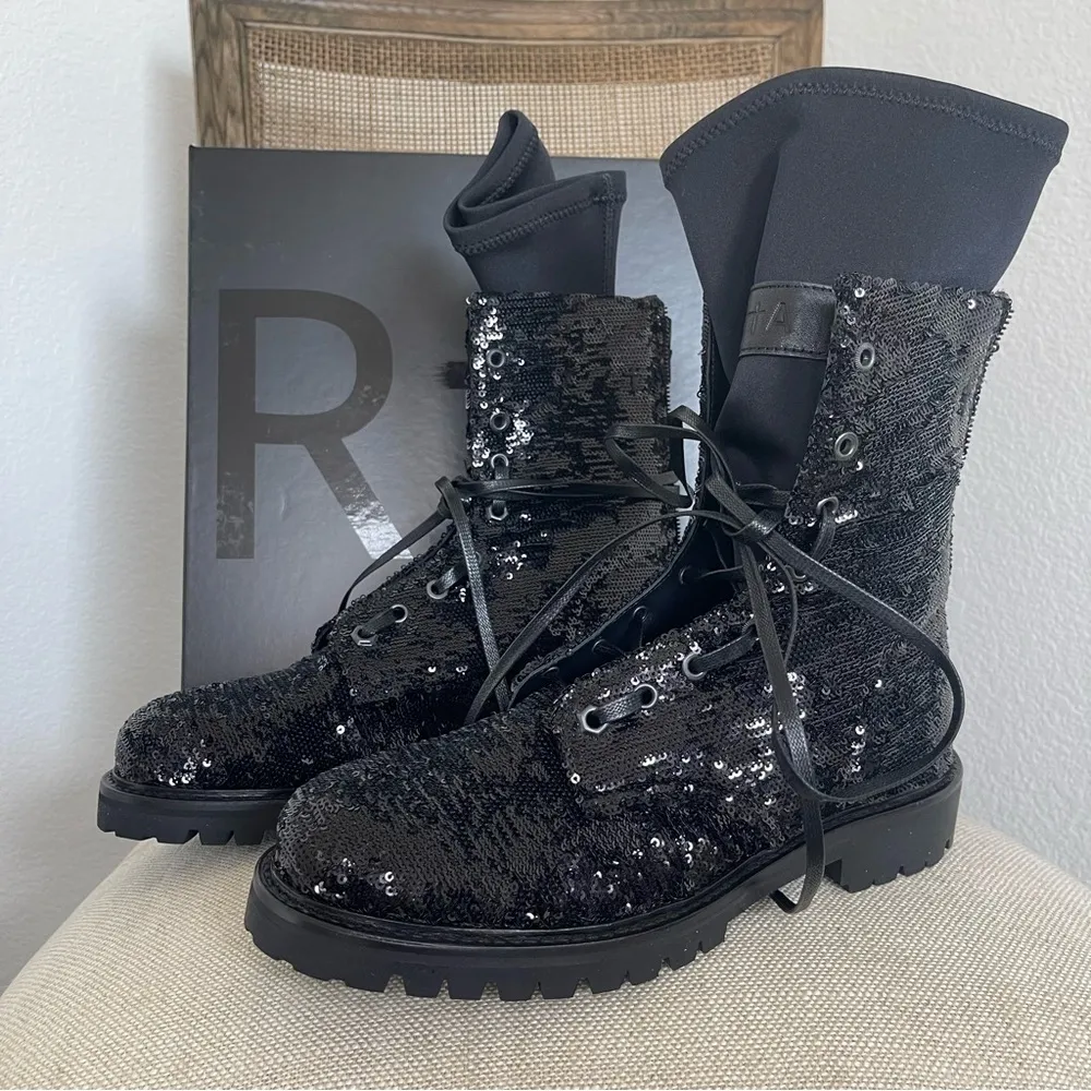 NEW RTA WOMENS COMBATUS BLACK SOCK SEQUIN COMBAT BOOTS SZ 38 8 - Image 2