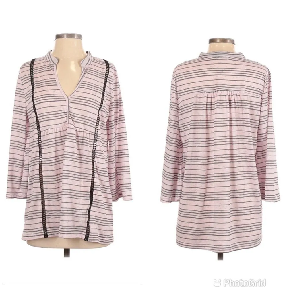 SUZANNE BETRO Striped Bell Sleeve‎ Blouse Top Lightweight Pink Black Small - Image 2