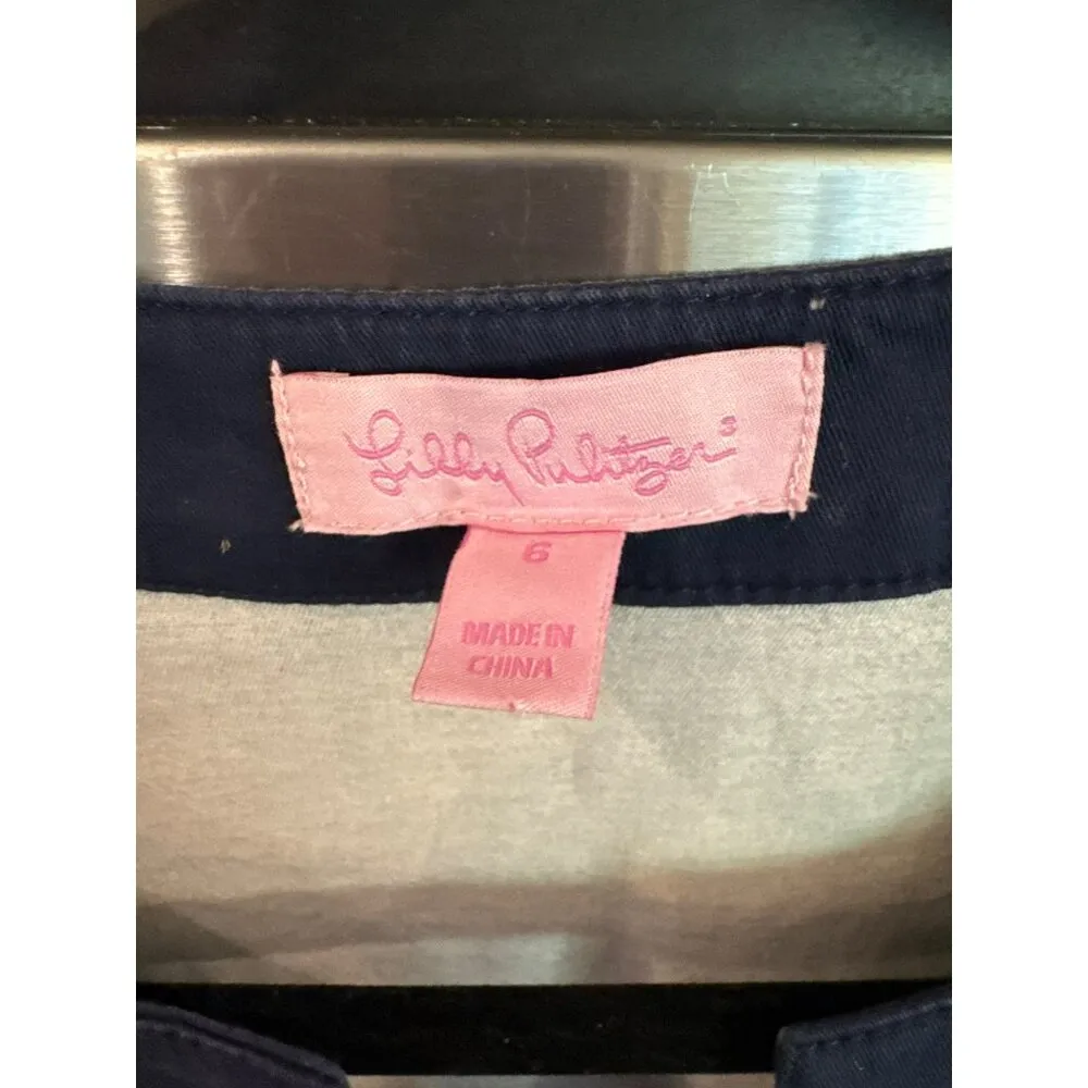 Lilly Pulitzer Blue Cotton Belted Shift Dress Size 6 Green Navy Short Sleeves - Image 2