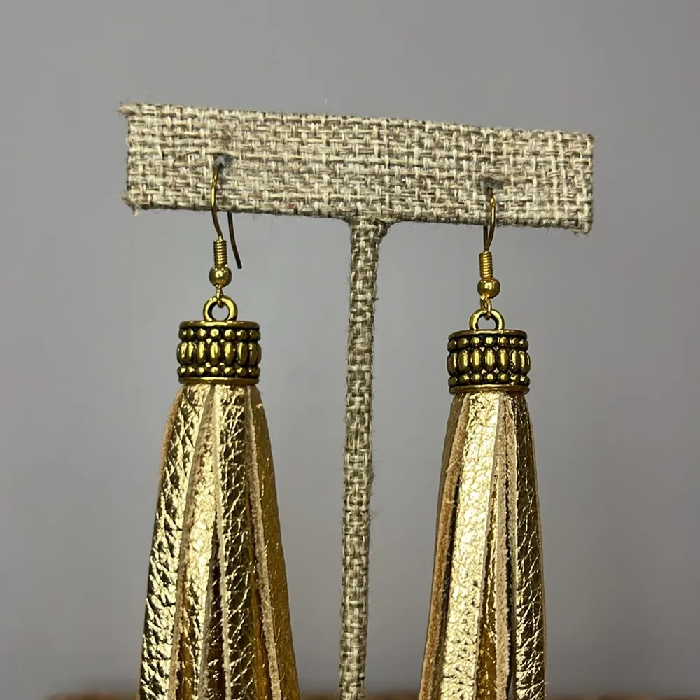 Leather gold fringe tassel earrings - Image 2