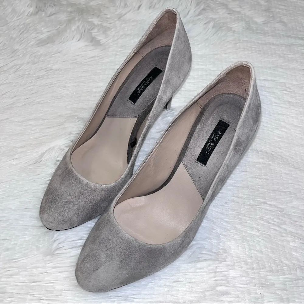 ZARA  Basic Grey Suede Rounded Point Toe Heels Pumps 38 - Image 2